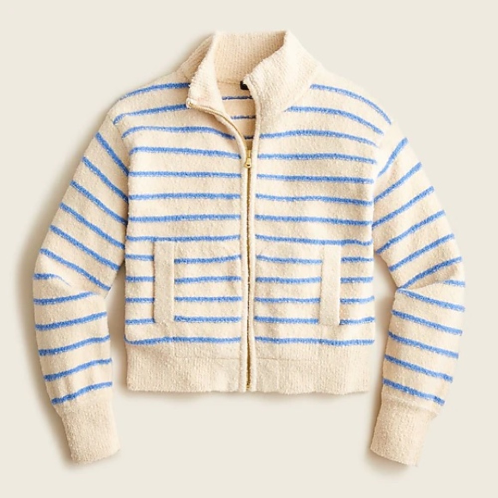 J. Crew Zip-up Cotton Bouclé Sweater in Dusty Ivory Blue Stripe